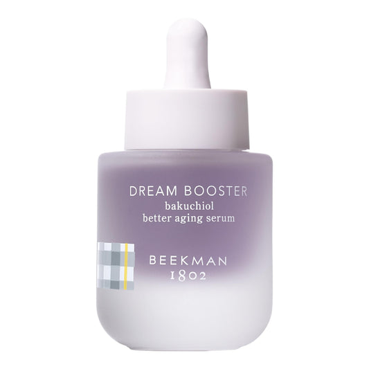 Beekman 1802 Dream Booster serum bottle showing pore-minimizing hydration for sensitive skin.