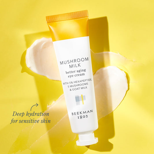 Beekman 1802 Eye Cream application showing pea-sized amount for gentle dab.