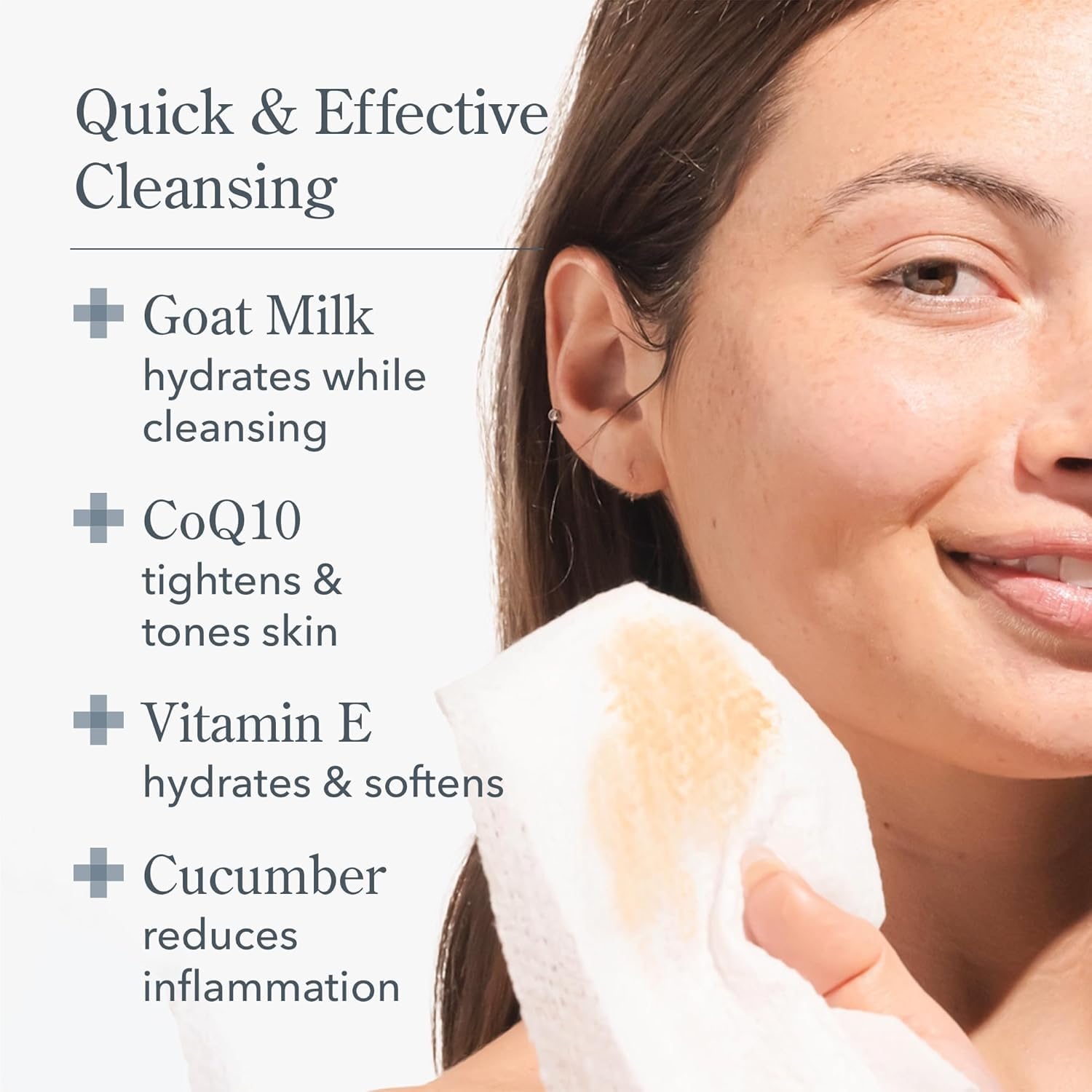 Beekman 1802 wipes closeup showing makeup removal with gentle cleansing