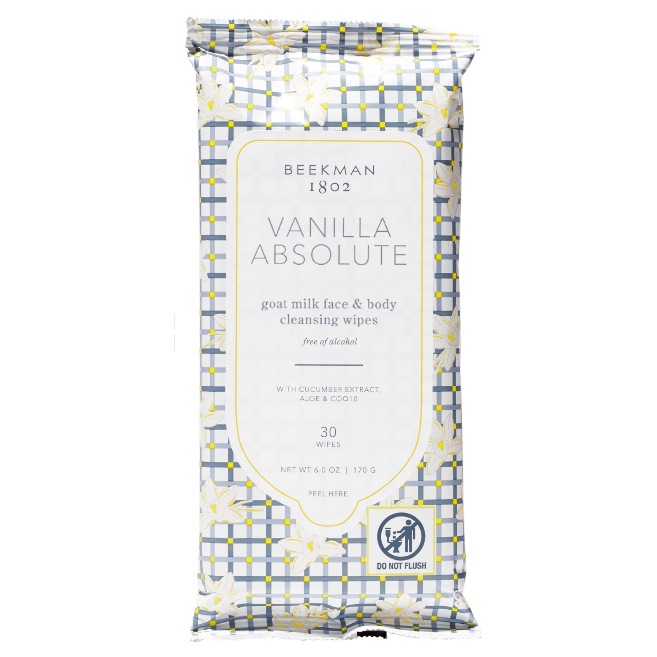 Beekman 1802 Vanilla Absolute wipes pack front view for quick makeup removal on the go