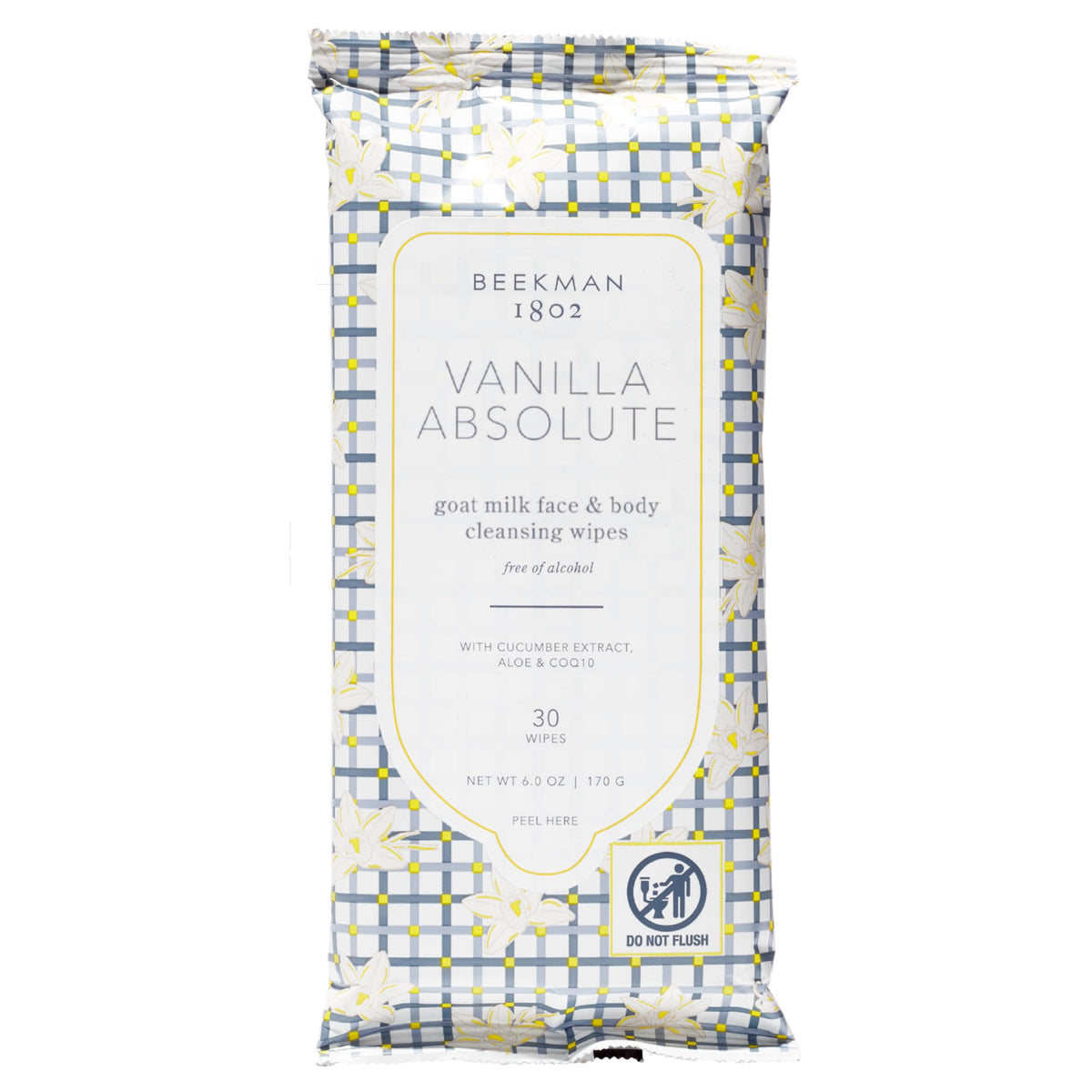 Beekman 1802 Vanilla Absolute wipes pack front view for quick makeup removal on the go