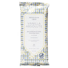 Beekman 1802 Vanilla Absolute wipes pack front view for quick makeup removal on the go