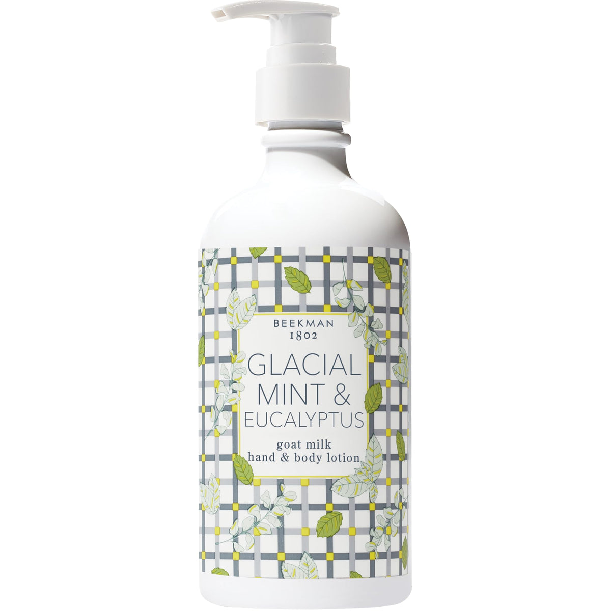 Beekman 1802 bottle with pump shows hydrating mint eucalyptus lotion