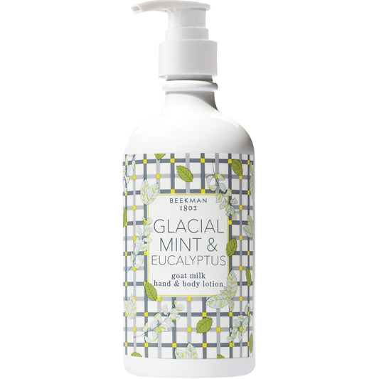 Beekman 1802 bottle with pump shows hydrating mint eucalyptus lotion