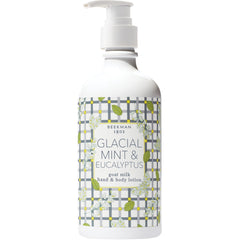 Beekman 1802 bottle with pump shows hydrating mint eucalyptus lotion