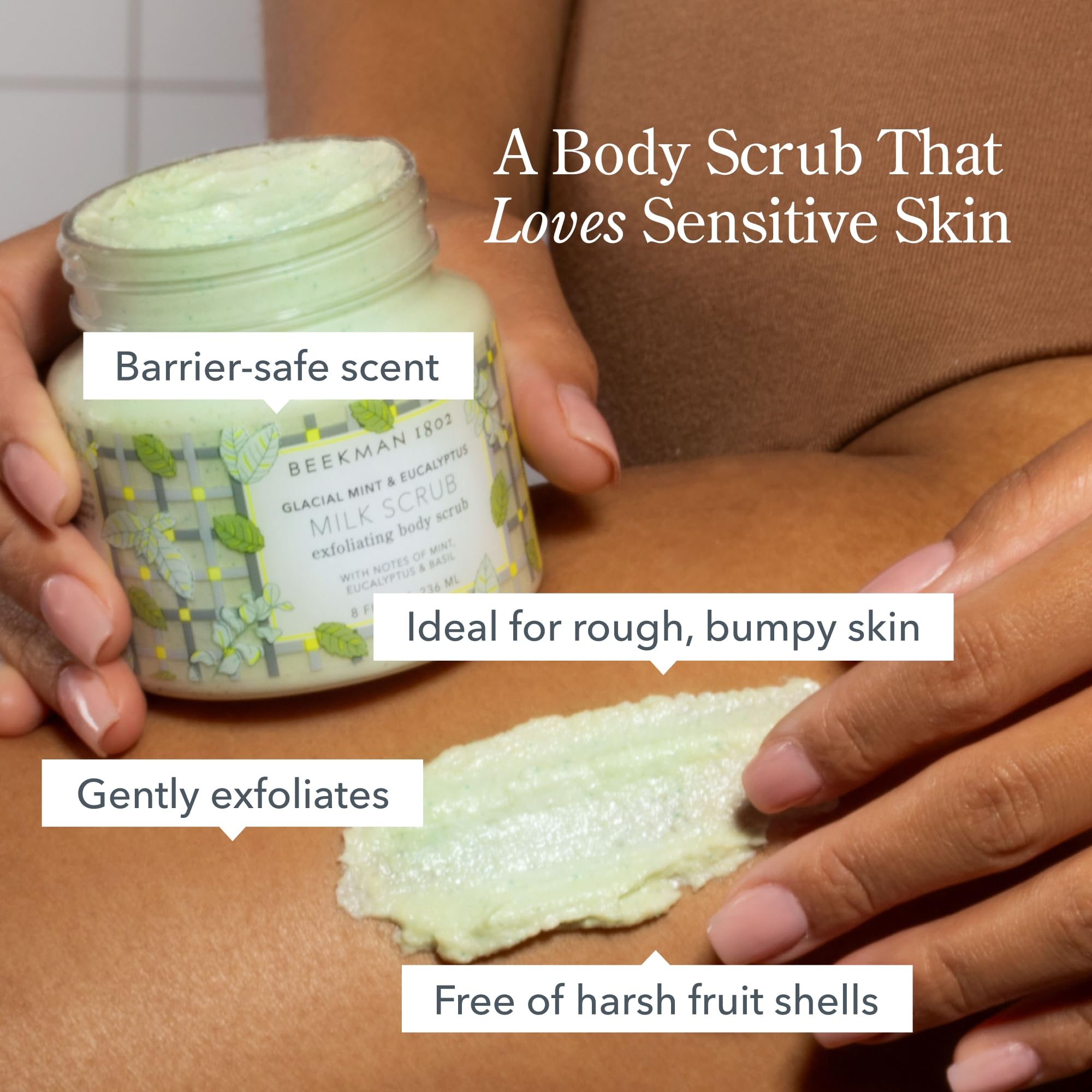 Beekman 1802 exfoliating milk texture swatch reveals smooth, luxurious lather