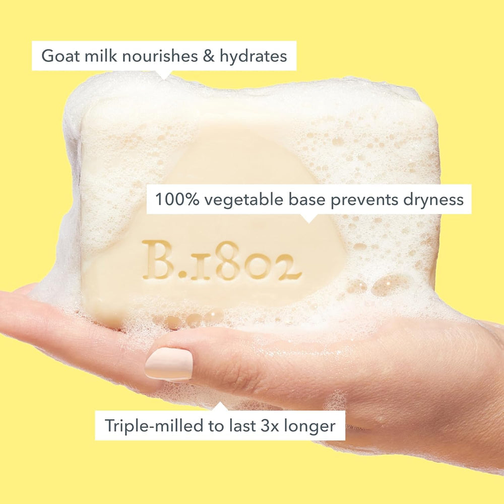 Beekman 1802 Goat Milk Soap Bar Lavender lather demonstrates gentle cleansing for delicate skin