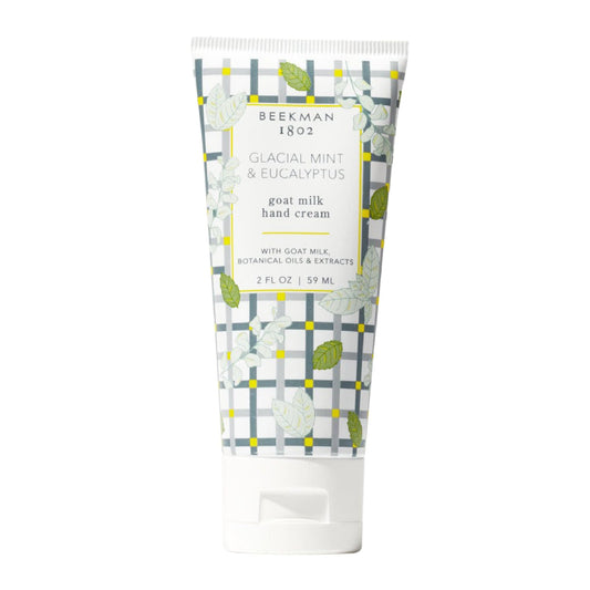 Beekman 1802 goat milk hand cream bottle with glacial mint eucalyptus scent for refreshed, hydrated hands