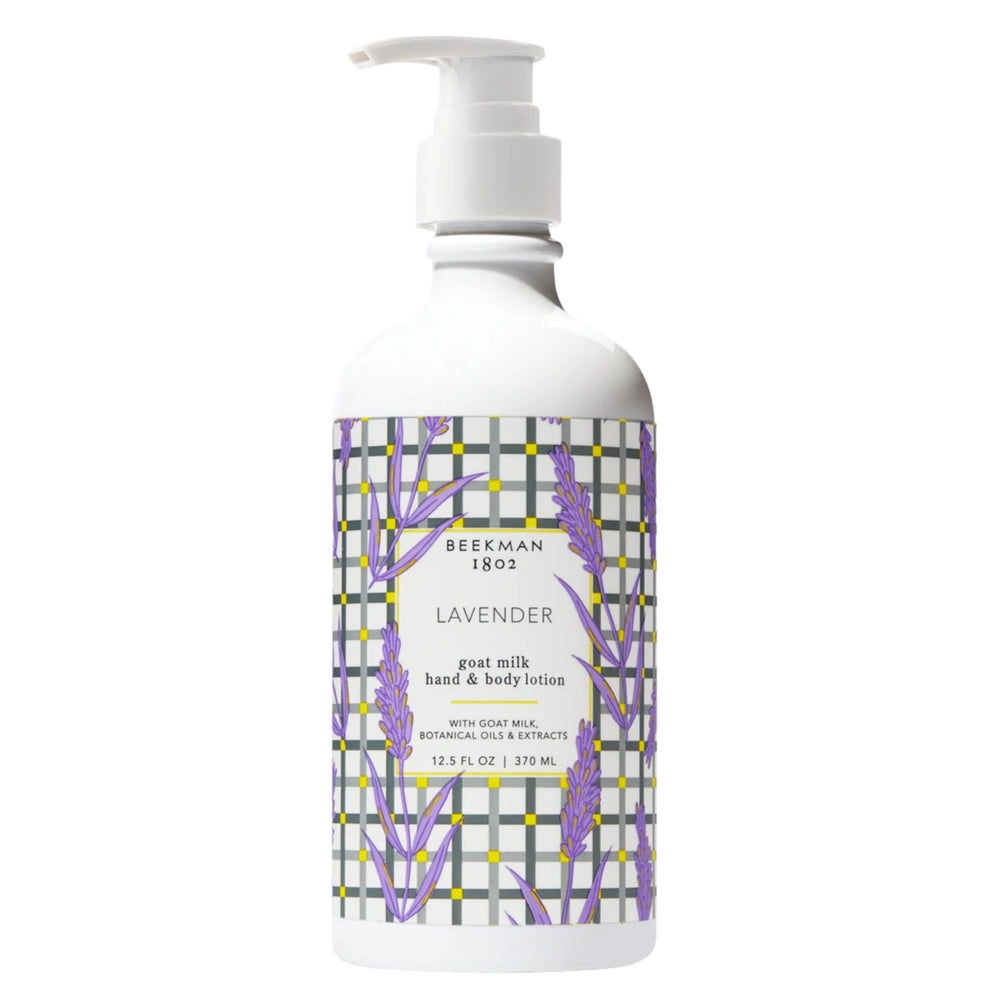 Beekman 1802 goat milk lotion lavender pump for deep hydration.