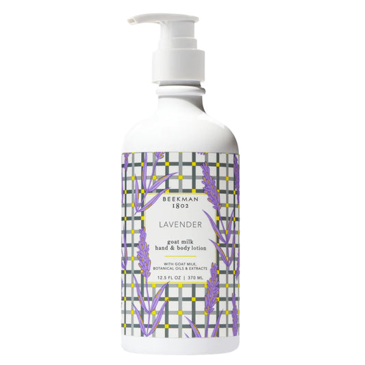 Beekman 1802 goat milk lotion lavender pump for deep hydration.