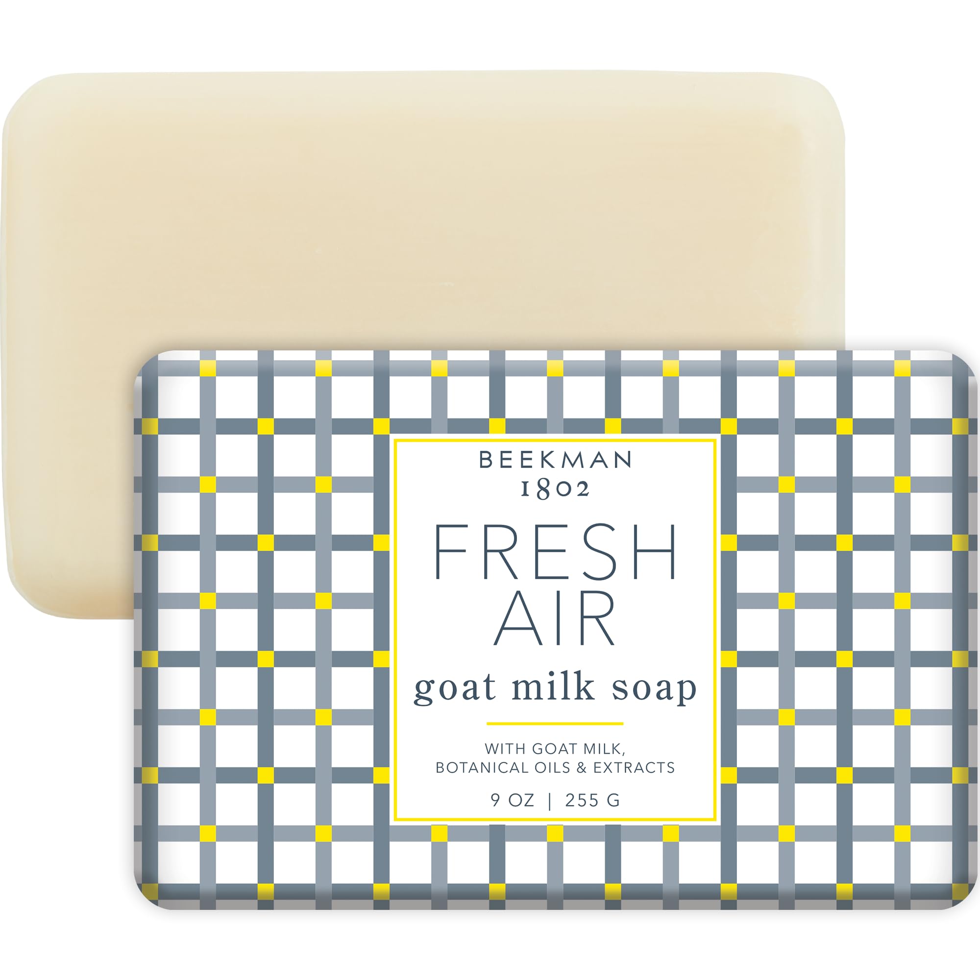 Beekman 1802 Fresh Air goat milk soap bar on a vanity for gentle cleansing.