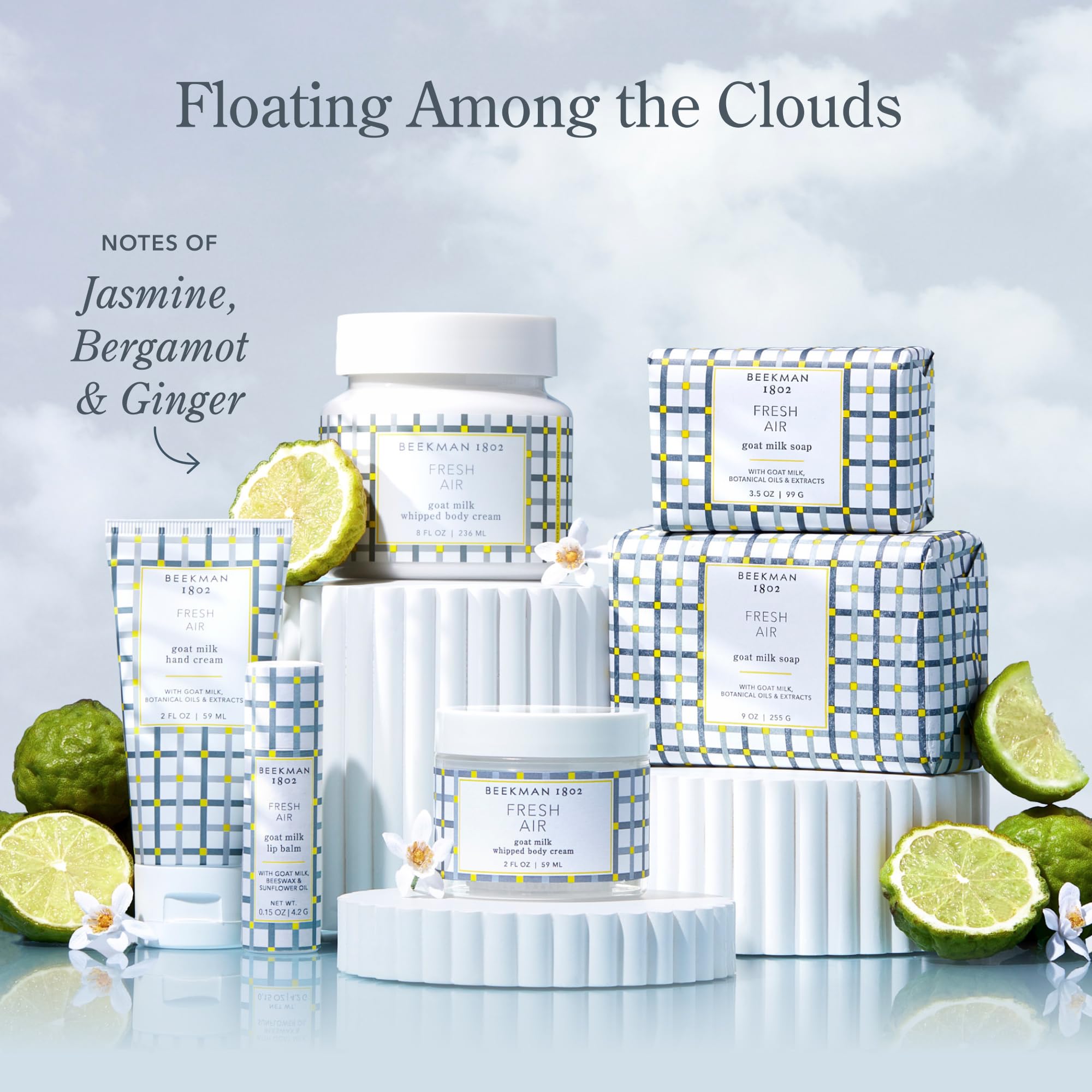 Beekman 1802 goat-milk source imagery emphasizing gentle, skin-friendly formula.