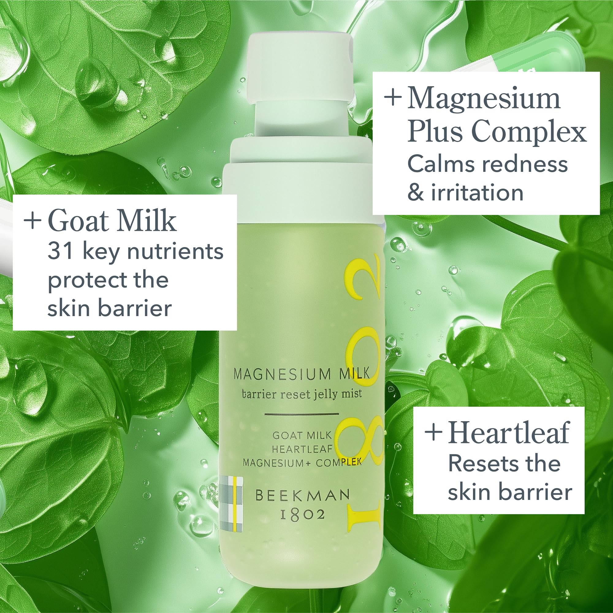 Beekman 1802 jelly mist spray demonstrates easy, gentle hydration on the skin.