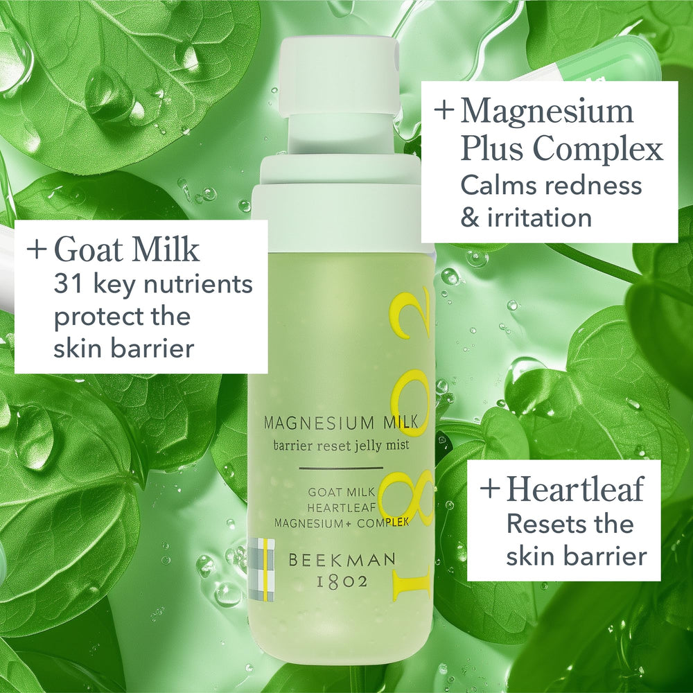 Beekman 1802 jelly mist spray demonstrates easy, gentle hydration on the skin.
