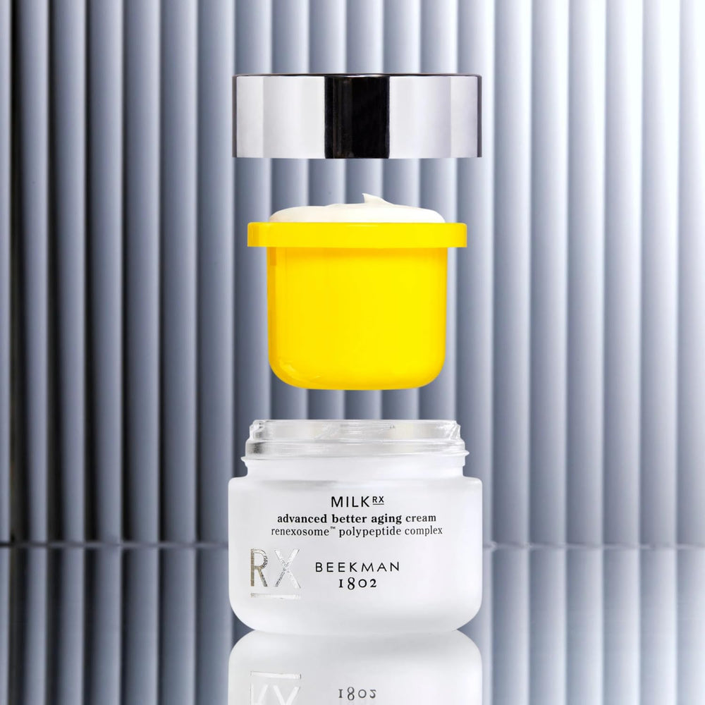 Beekman 1802 Milk RX cream swatch demonstrates a smooth, ready-to-use texture.