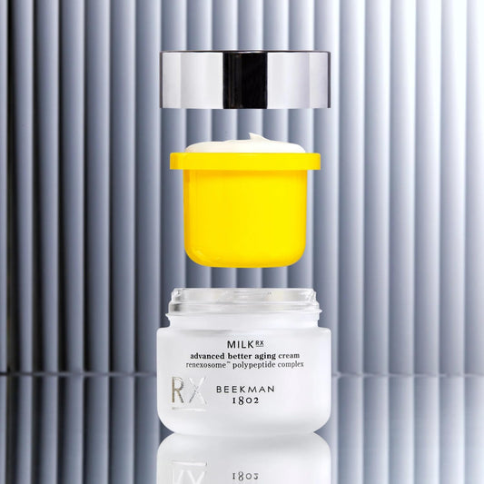 Beekman 1802 Milk RX cream swatch demonstrates a smooth, ready-to-use texture.