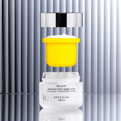 Beekman 1802 Milk RX cream swatch demonstrates a smooth, ready-to-use texture.
