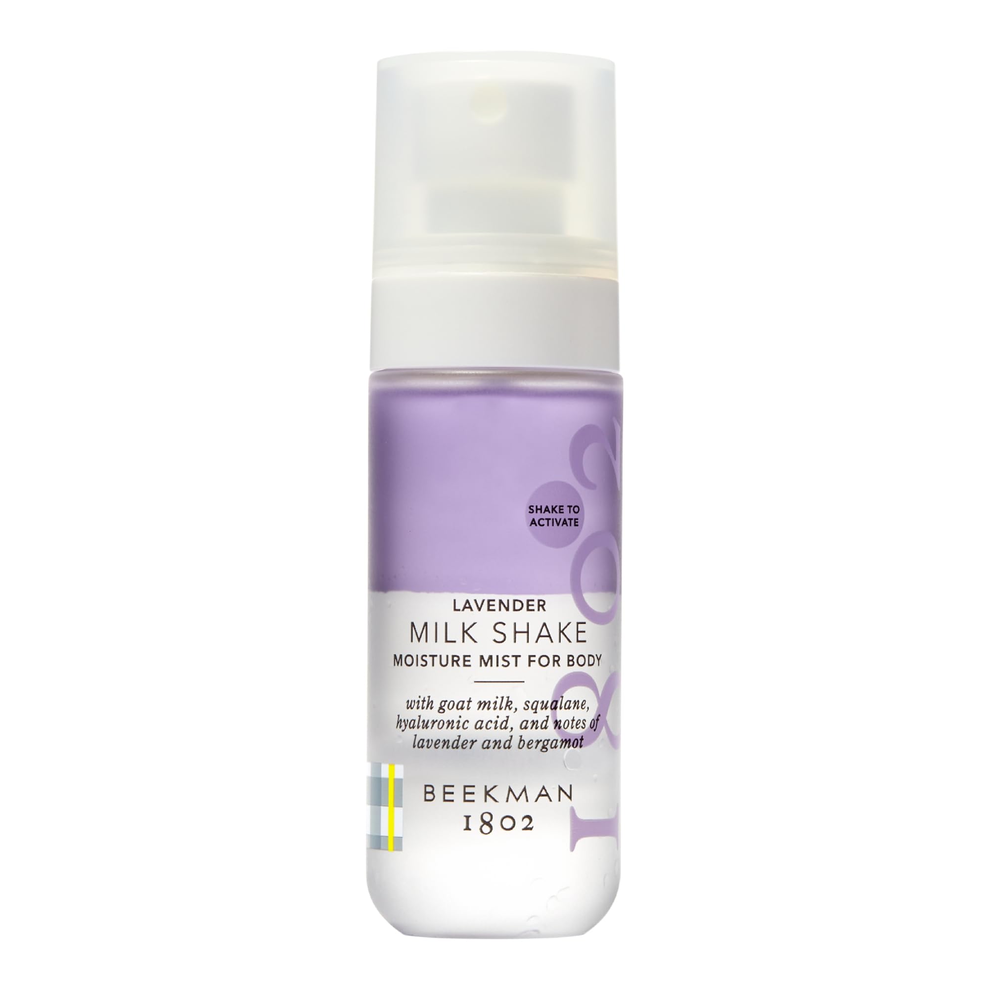 Beekman 1802 Milk Shake Body Mist Lavender bottle showing lightweight hydration for sensitive skin