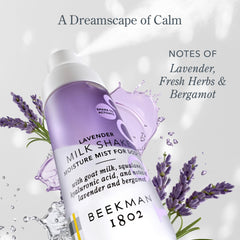 Beekman 1802 Milk Shake Body Mist Lavender ingredients highlight hyaluronic acid and jojoba oil