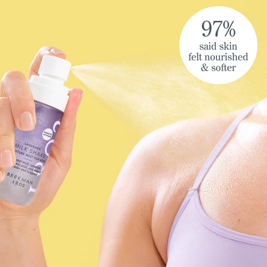 Beekman 1802 Milk Shake Body Mist Lavender being spritzed on the arm for quick moisture