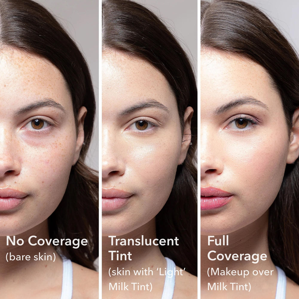 Beekman 1802 Milk Tint Primer SPF 43 swatch blends to match light skin tone.