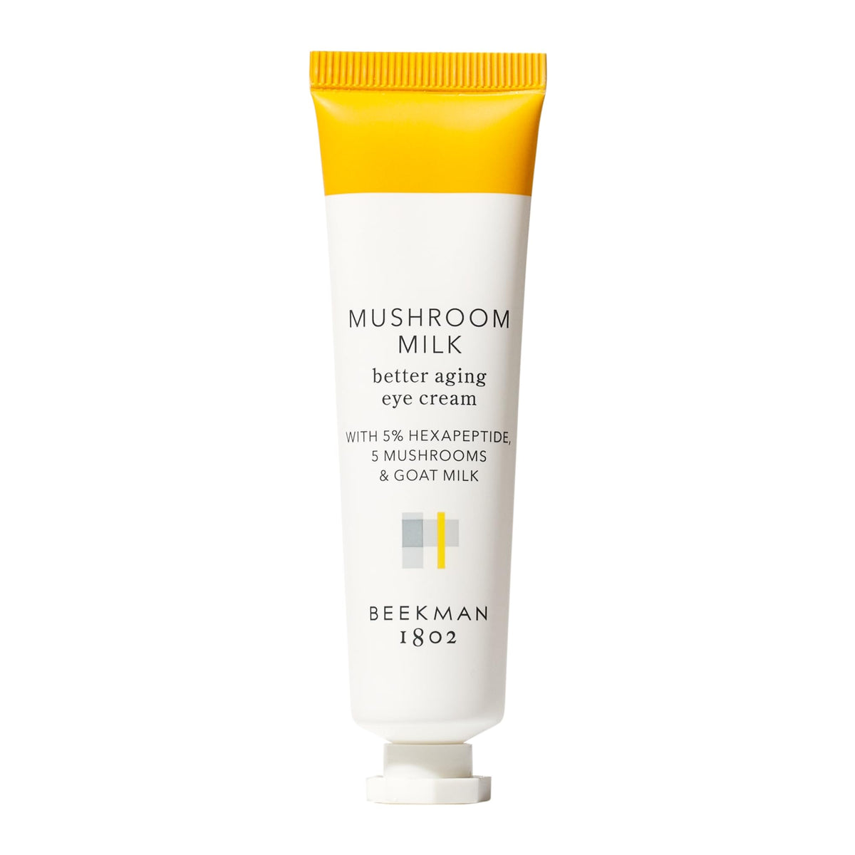 Beekman 1802 Mushroom Goat Milk Eye Cream jar hydrates delicate eye skin.