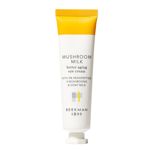 Beekman 1802 Mushroom Goat Milk Eye Cream jar hydrates delicate eye skin.