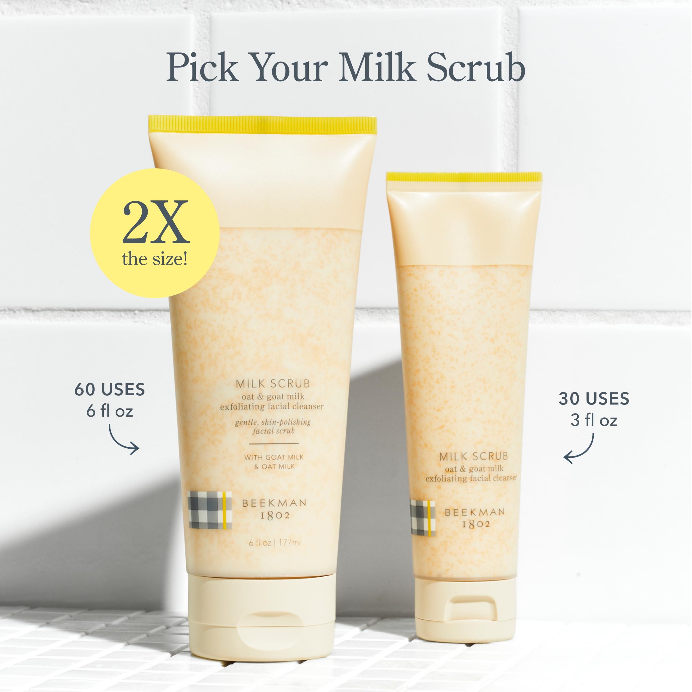 Beekman 1802 Milk Scrub fragrance-free label seen, ideal for sensitive skin routines