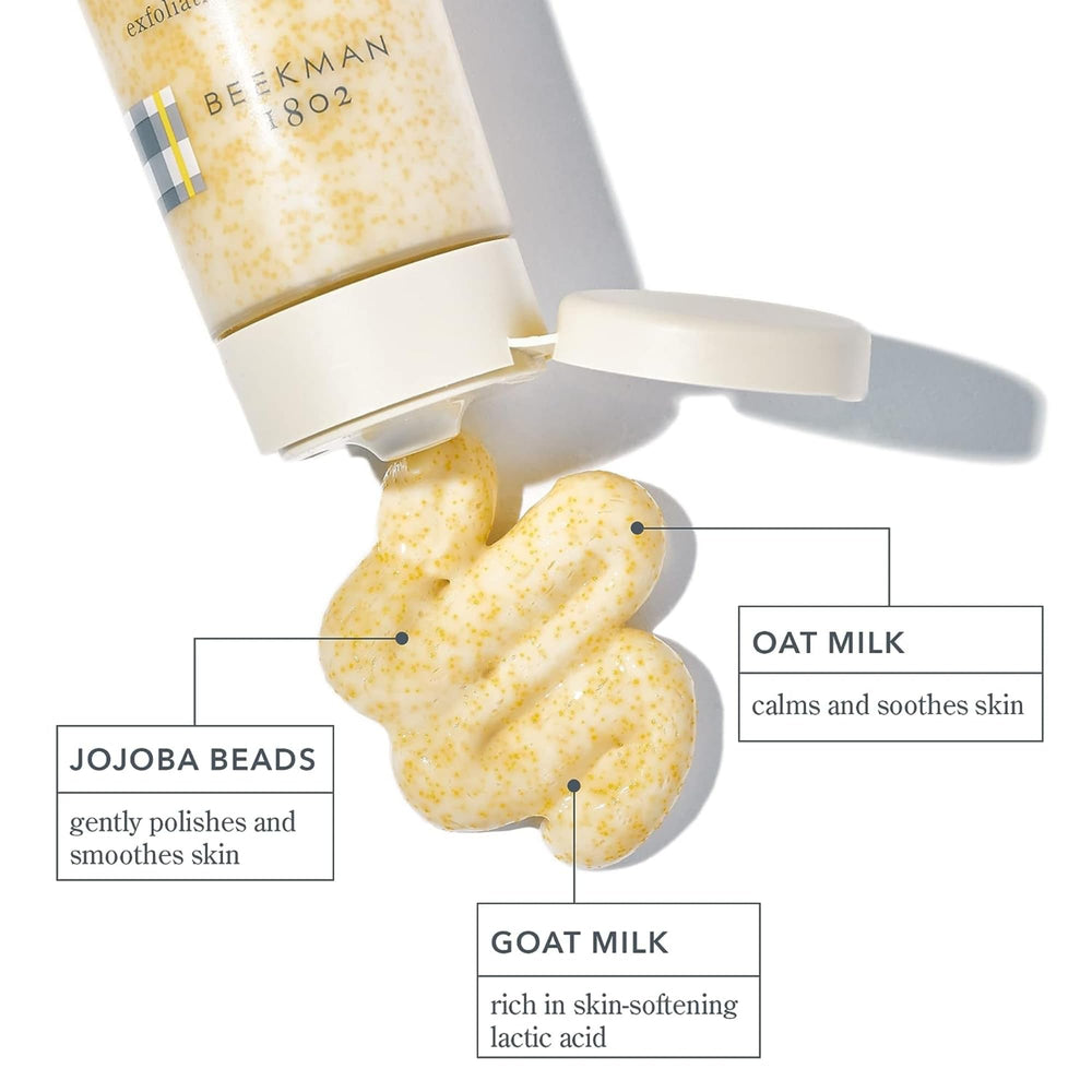 Beekman 1802 Milk Scrub jar closeup showing jojoba beads for non-abrasive polishing