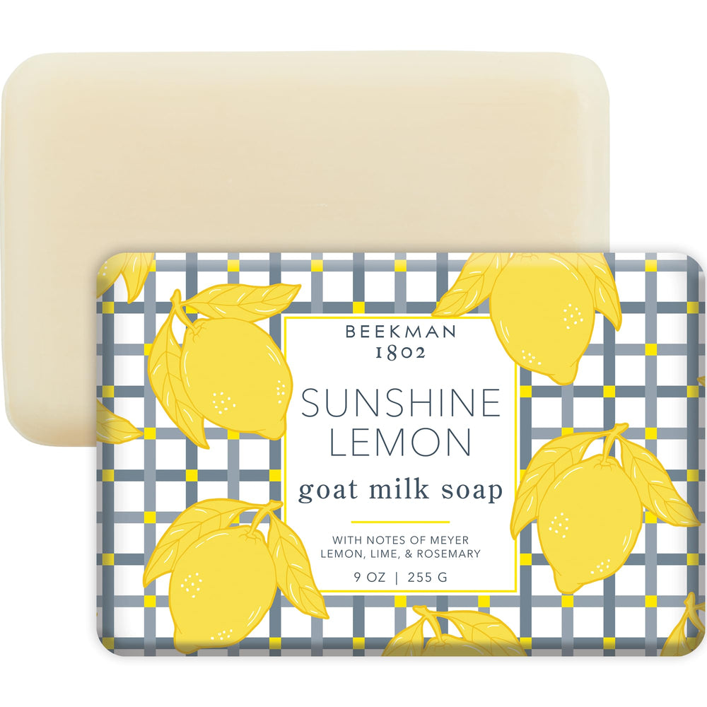 Beekman 1802 Sunshine Lemon Goat Milk Bar reveals bright scent for nourishing, gentle cleansing.