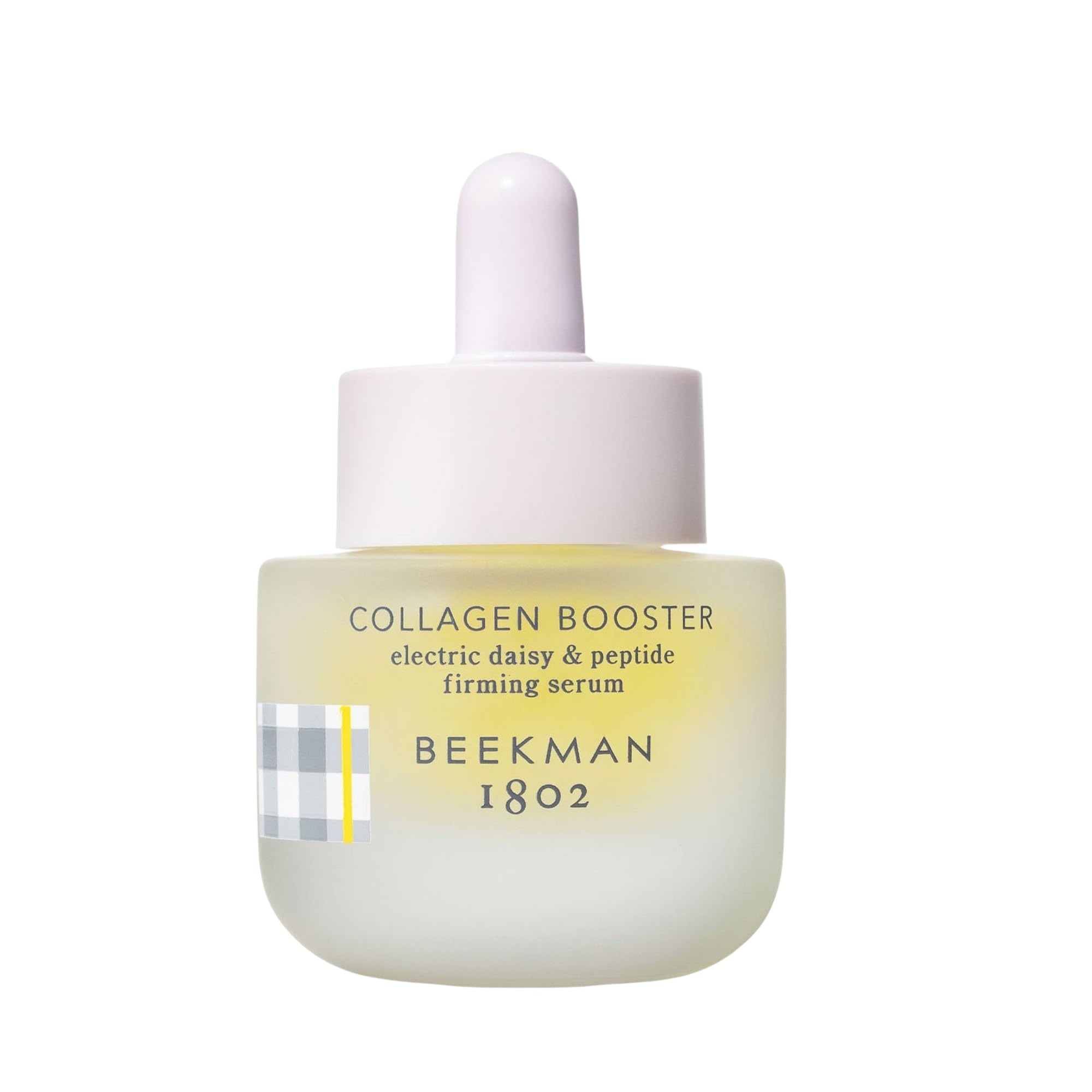 Beekman 1802 collagen booster serum bottle highlighting electric daisy for firmer skin