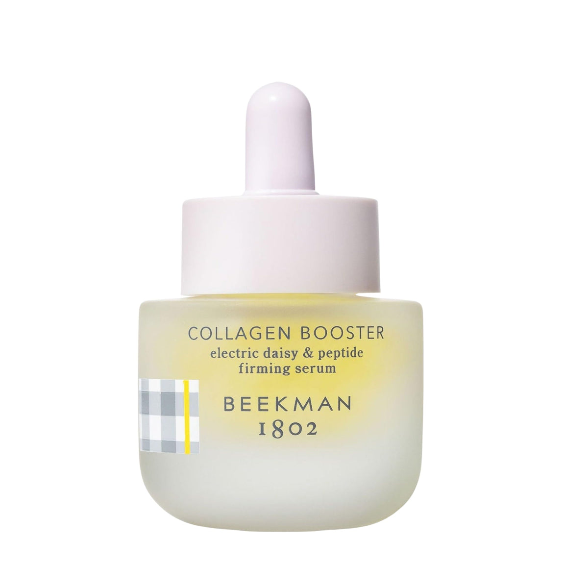 Beekman 1802 collagen booster serum bottle highlighting electric daisy for firmer skin