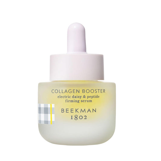 Beekman 1802 collagen booster serum bottle highlighting electric daisy for firmer skin
