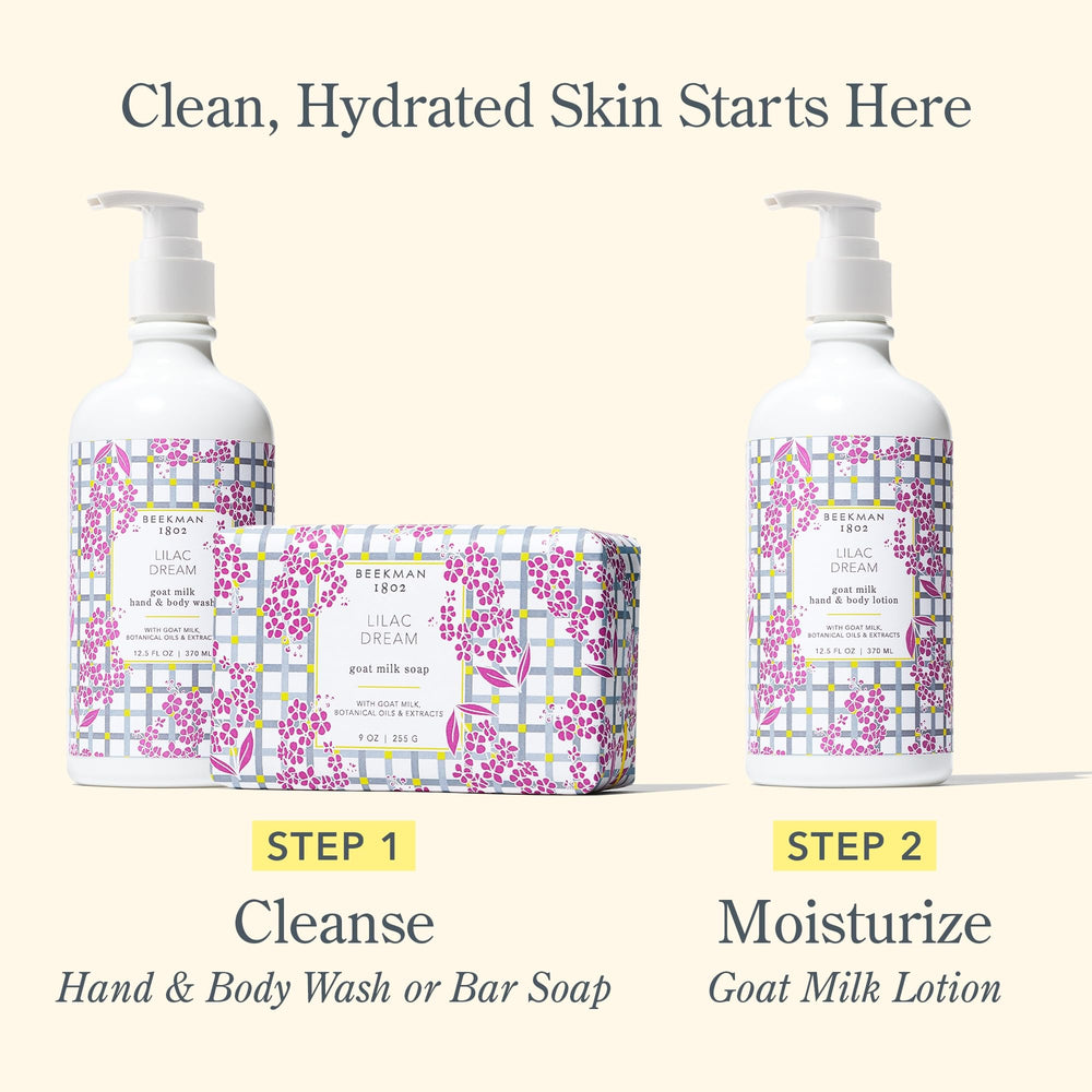 Beekman 1802 Goat Milk Body Lotion Lilac Dream packaging emphasizes clean ingredients and cruelty-free ethos.