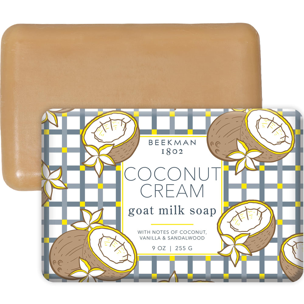 Beekman 1802 Goat Milk Body Soap Coconut Cream bar provides gentle hydration for sensitive skin.