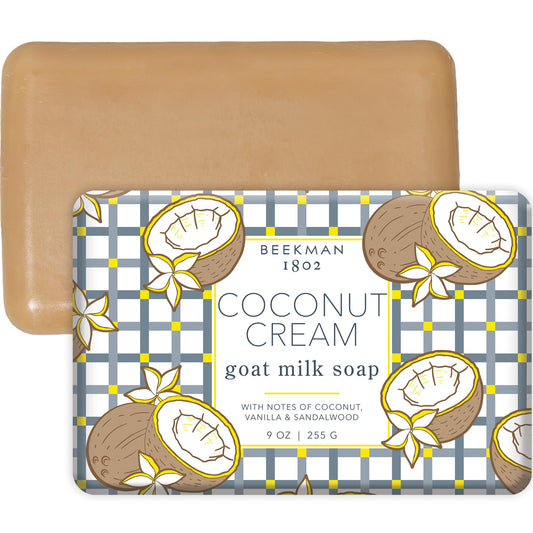 Beekman 1802 Goat Milk Body Soap Coconut Cream bar provides gentle hydration for sensitive skin.