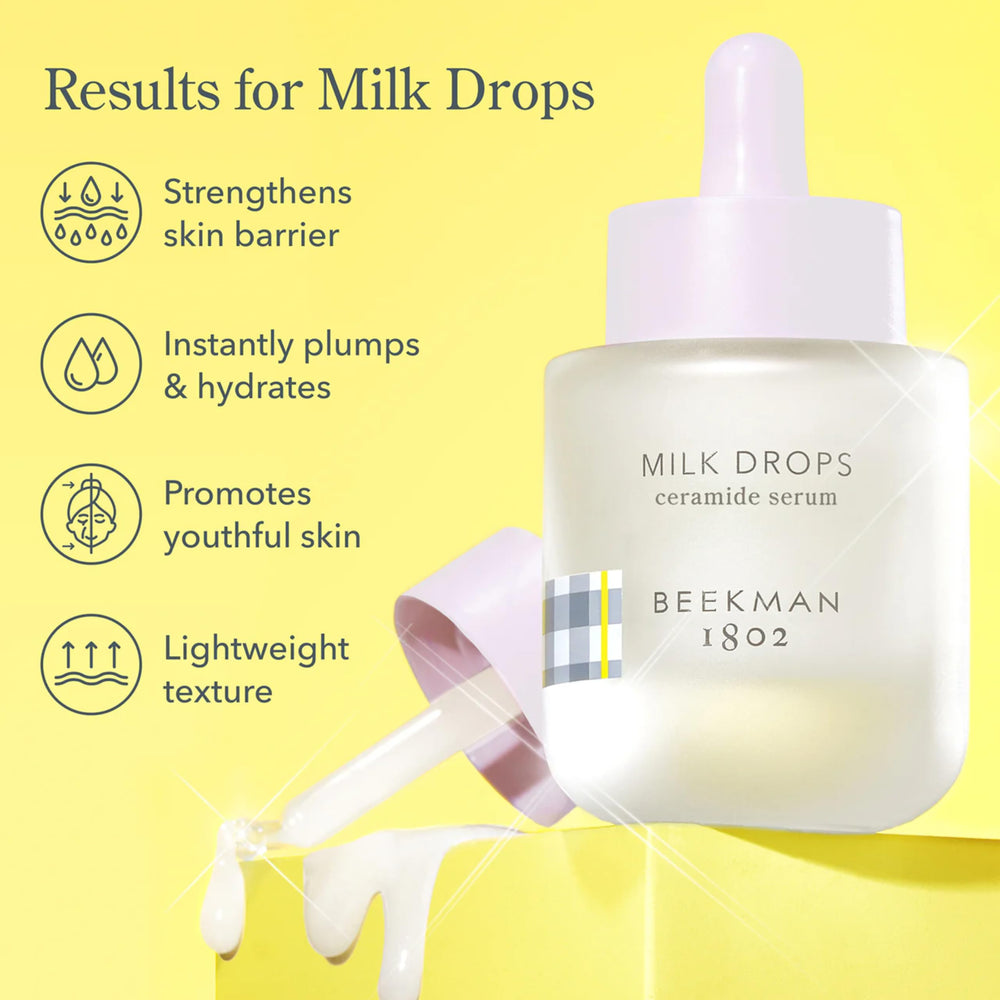 Beekman 1802 Milk Drops Serum bottle closeup with clean packaging.