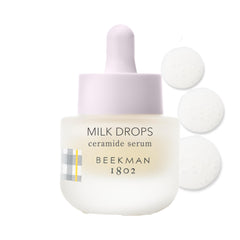 Beekman 1802 Milk Drops Serum bottle front shows fragrance-free hydration for oily skin.
