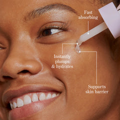 Beekman 1802 Milk Drops Serum texture closeup on skin for lightweight hydration.