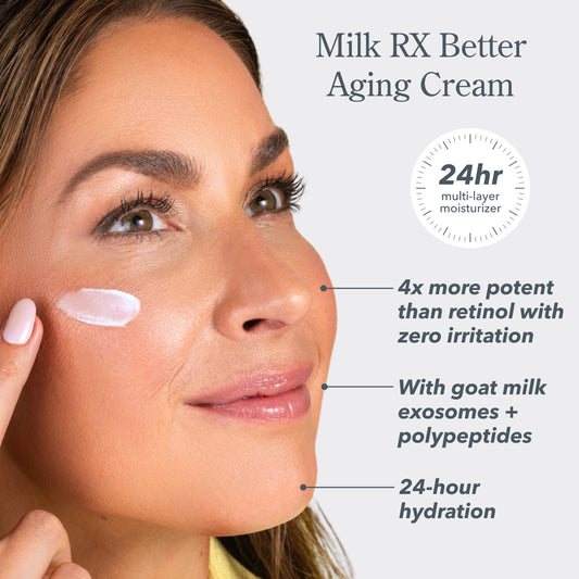 Beekman 1802 Milk RX cream being applied by hands for smoother skin