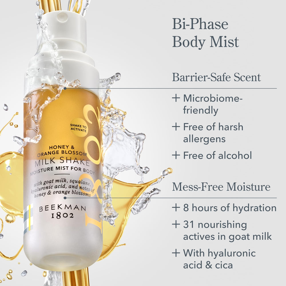 Beekman 1802 Milk Shake Body Mist ingredients featuring hyaluronic acid and jojoba oil.