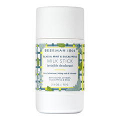 Beekman 1802 Milk Stick packaging highlights glacial mint and eucalyptus for invisible protection