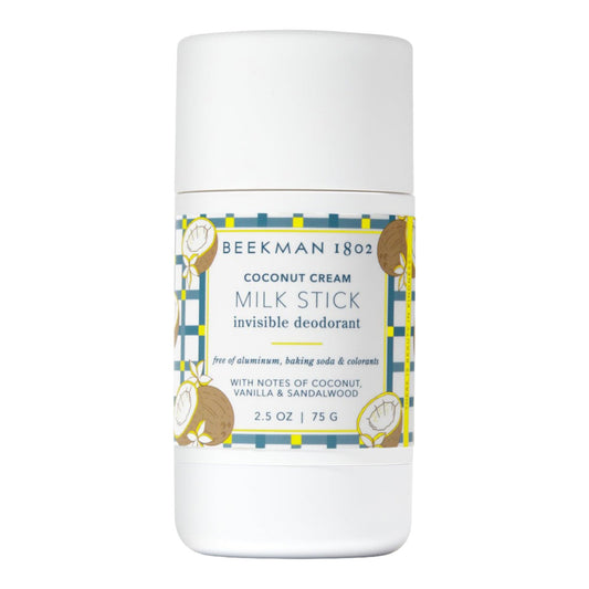 Beekman 1802 Milk Stick packaging shows aluminum-free formula for all-day freshness.