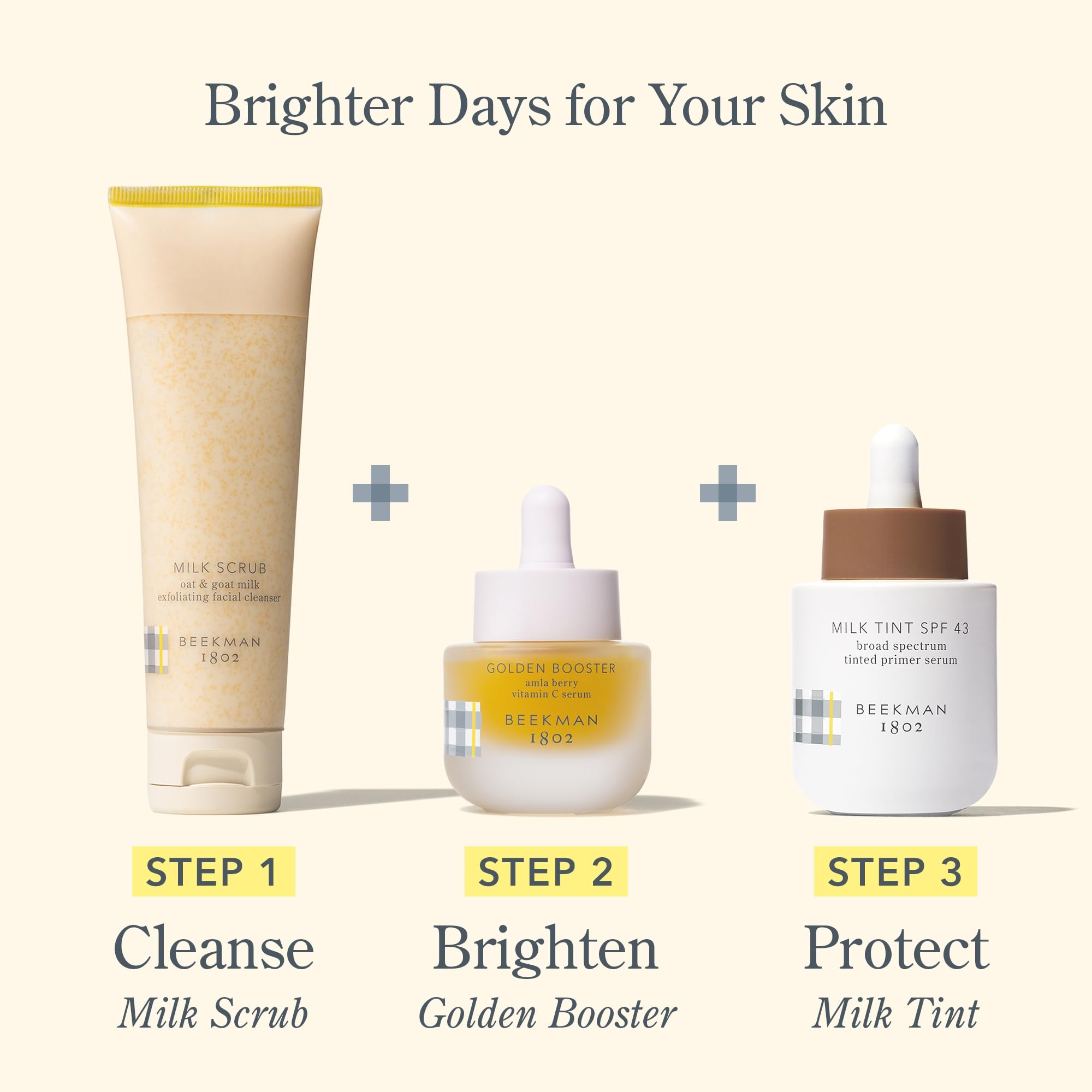 Beekman 1802 travel-size packaging on the vanity for on-the-go use.