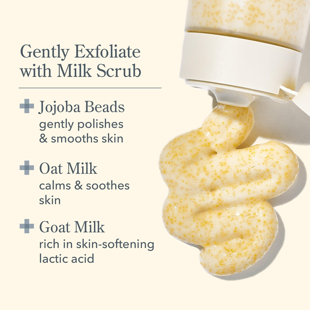 Beekman 1802 Oat + Goat Milk Scrub applying on skin for daily use.