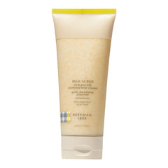Beekman 1802 Oat + Goat Milk Scrub jar close-up showing gentle exfoliation for sensitive skin.