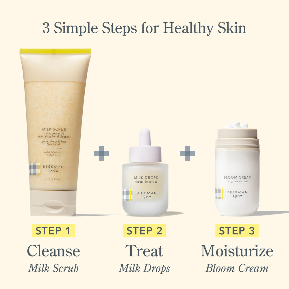 Beekman 1802 Oat + Goat Milk Scrub packaging, fragrance-free formula for sensitive routines.