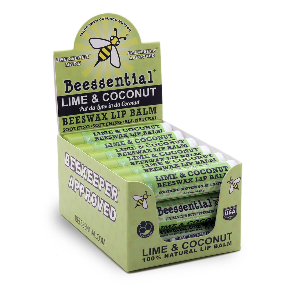 Beessential Coconut Lime lip balm 18-pack bulk kit for gifting and daily lip care.