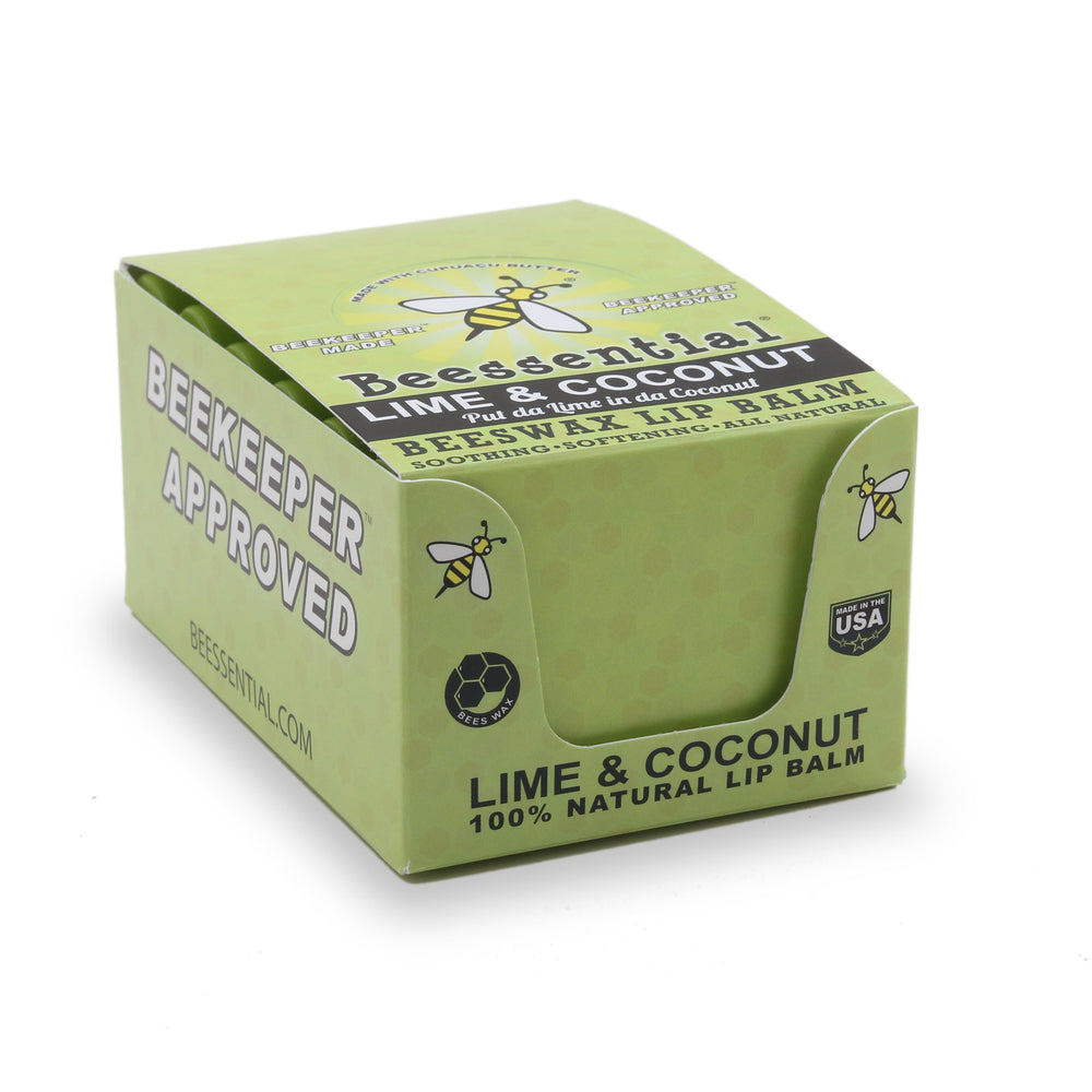 Beessential coconut lime lip balm application shows smooth glide for comfortable hydration.