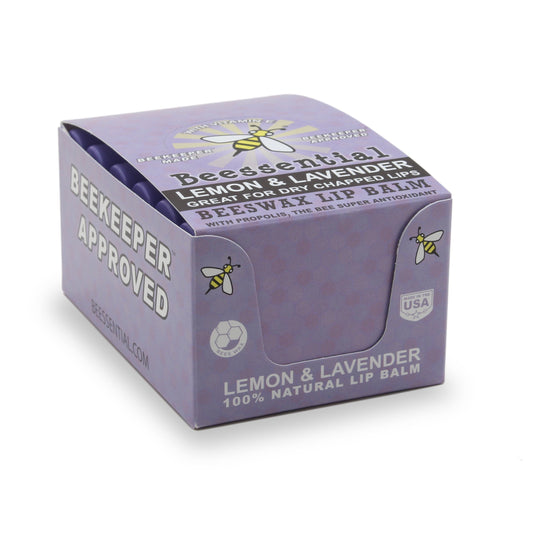 Beessential lavender lip balm 18-pack texture close-up, rich, smooth feel for lips.